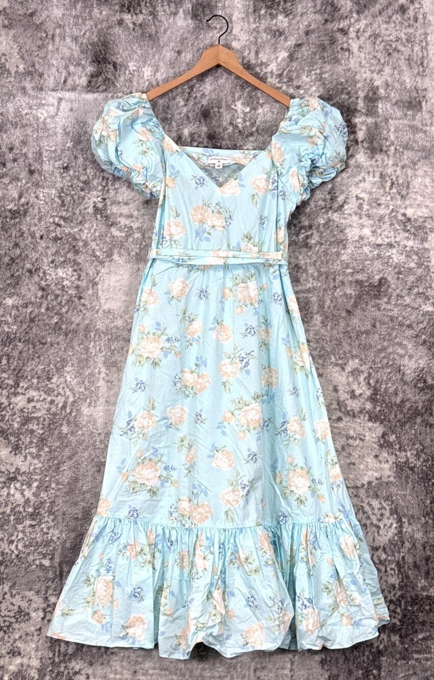 LoveShackFancy x Target Dress 10 Womens Blue Floral Cotton Puff Sleeve Midi